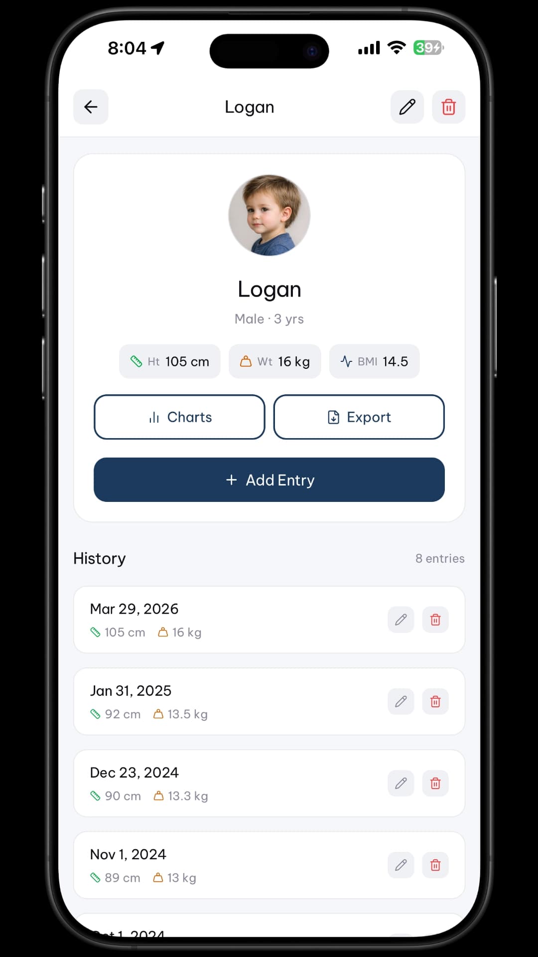 GrowthKit child profile with complete measurement history